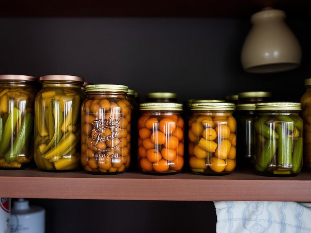Jars of house-fermented gundruk and achar on a kitchen shelf