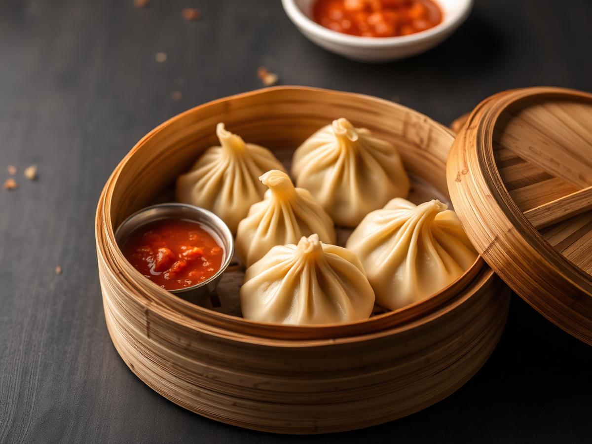 Steamed buff momo with tomato achar in a bamboo steamer