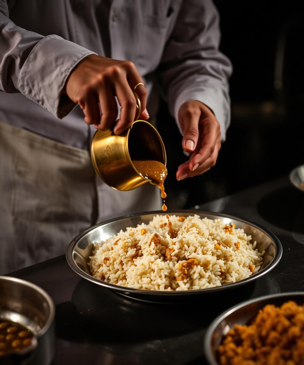 Chef pouring dal over rice on a steel thali at Local Thakali